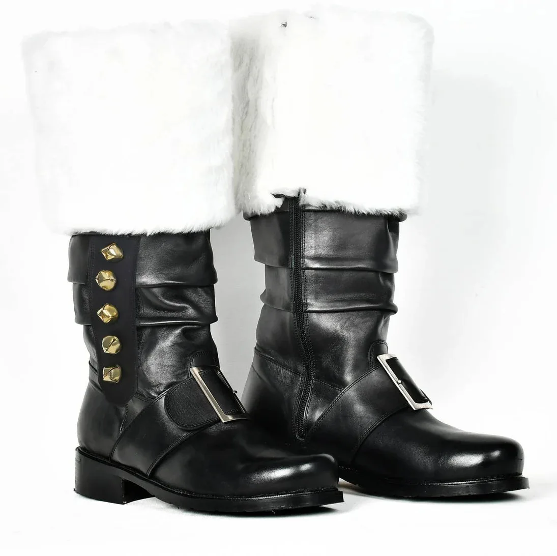 Herren Weihnachts-Weihnachtsmann-Stiefel mit Weitem Schaft, Kampfstiefel mit Weißem Plüschfellbesatz und Goldener Schnalle für Halloween-Cosplay-Kostüm – Detail 7