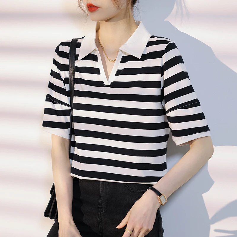 

2024 Summer Short Sleeved Women's Polo Shirt with Casual Design and Elegance Versatile and Fashionable Stripes Short Sleeves