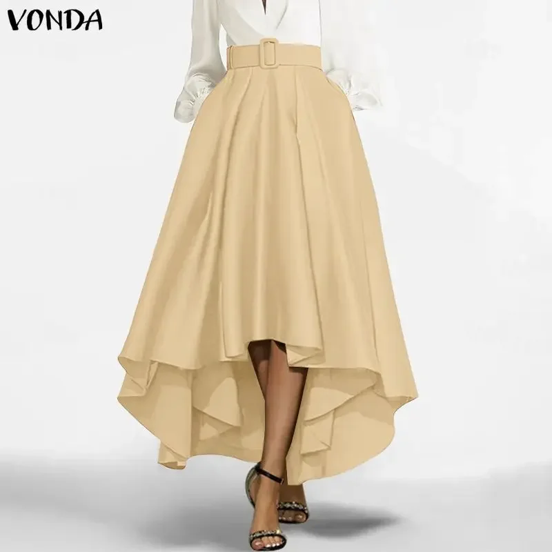 Plus Size 5XL VONDA Women Asymmetrical Maxi Skirts Fashion Satin Bottoms Solid Elegant Belted High Waist Long Jupes Faldas Saia view 4