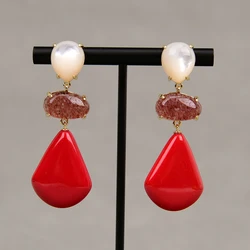 GG Natural Strawberry Quartz Fan-shaped Red Turquoise CZ Paved Gold Plated White Sea Shell Stud Earrings Lady Party Gifts