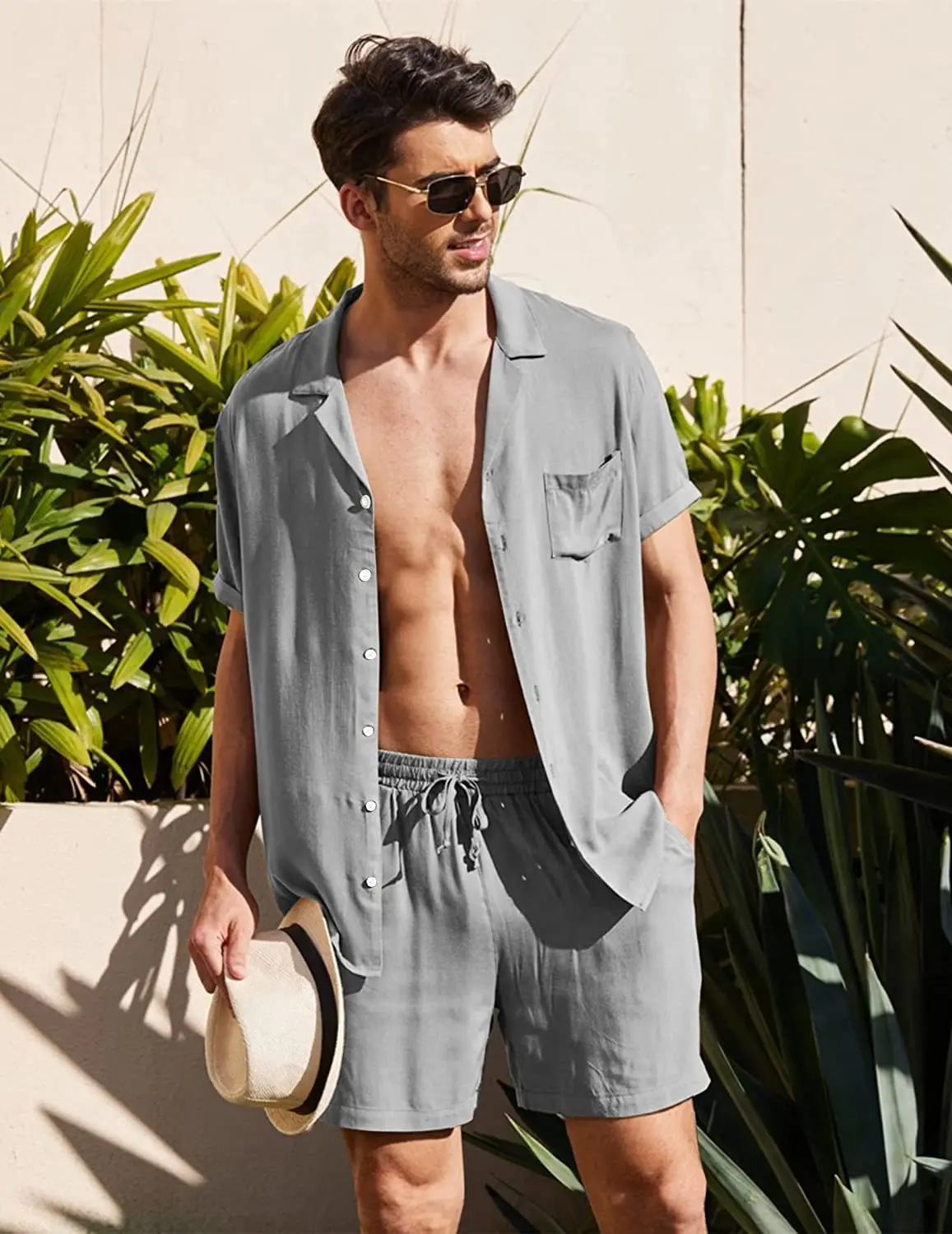 Summer Cotton Linen Shirt Set Men\'s Casual Sports 2-Piece Suit Andhome Clothes Pajamas Comfy Breathable Beach Short Sleeve Sets