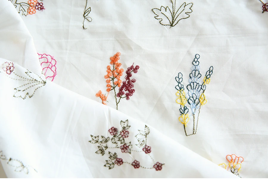 Summer Breeze White Cotton Voile Fabric with Hand-Embroidered Flowers for Dressmaking, 145x50cm