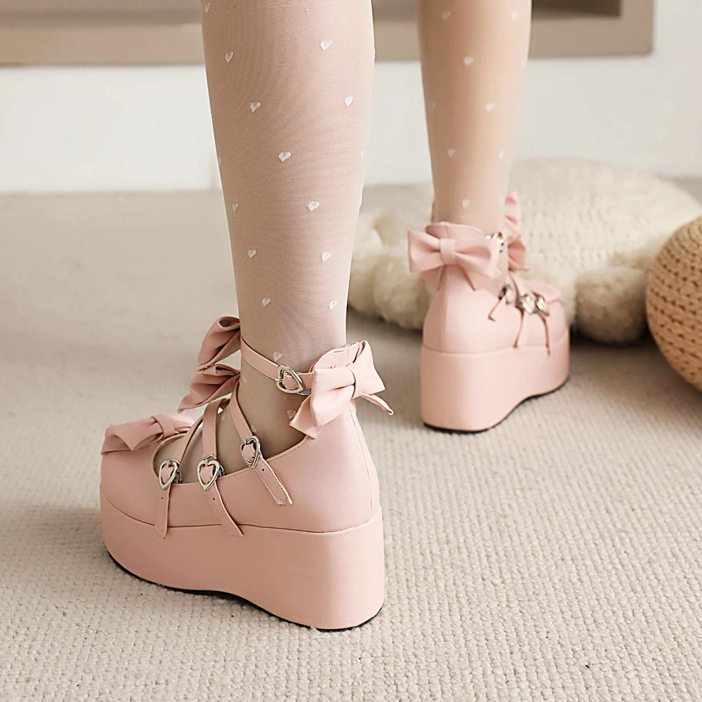 Princess Lolita Platform Mary Jane Girls Tea Party Shoes Criss-Cross Strap Sweet Bow Thick Sole Wedge Pumps Pink Black White