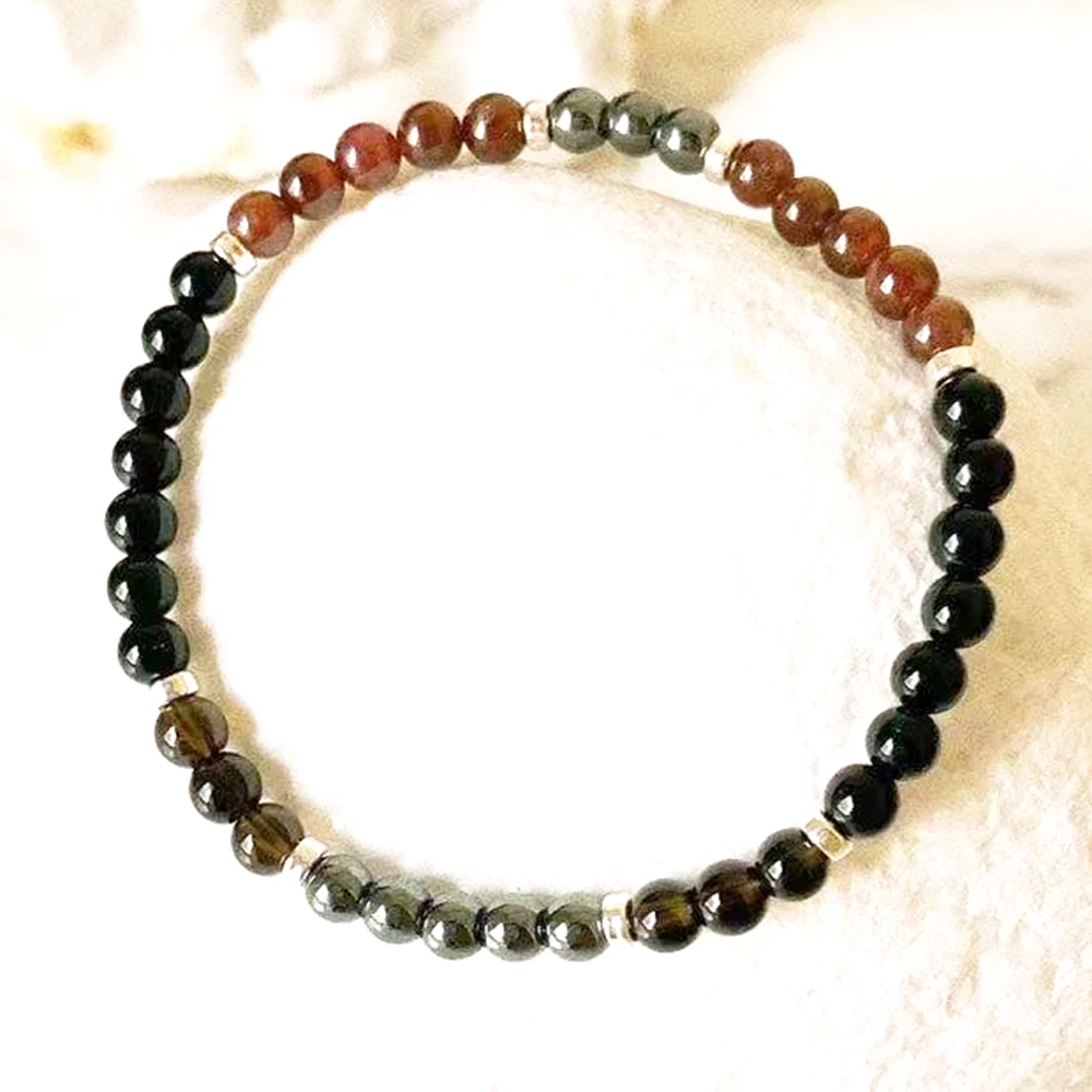 MG2280 4 MM Black Onyx Garnet Hematite Smoky Quartz Mix Bracelet Womens Anxiety Relief Protect Wrist Mala