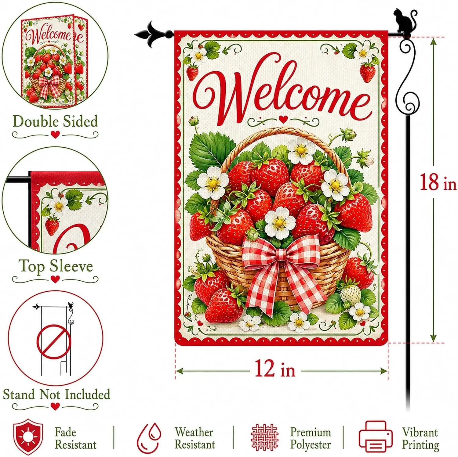Welcome Strawberry Basket Garden Flag, Double Sided Berry Outdoor Yard Flag, 12 x 18 Inch Burlap Seasonal Porch Patio Lawn D kkz