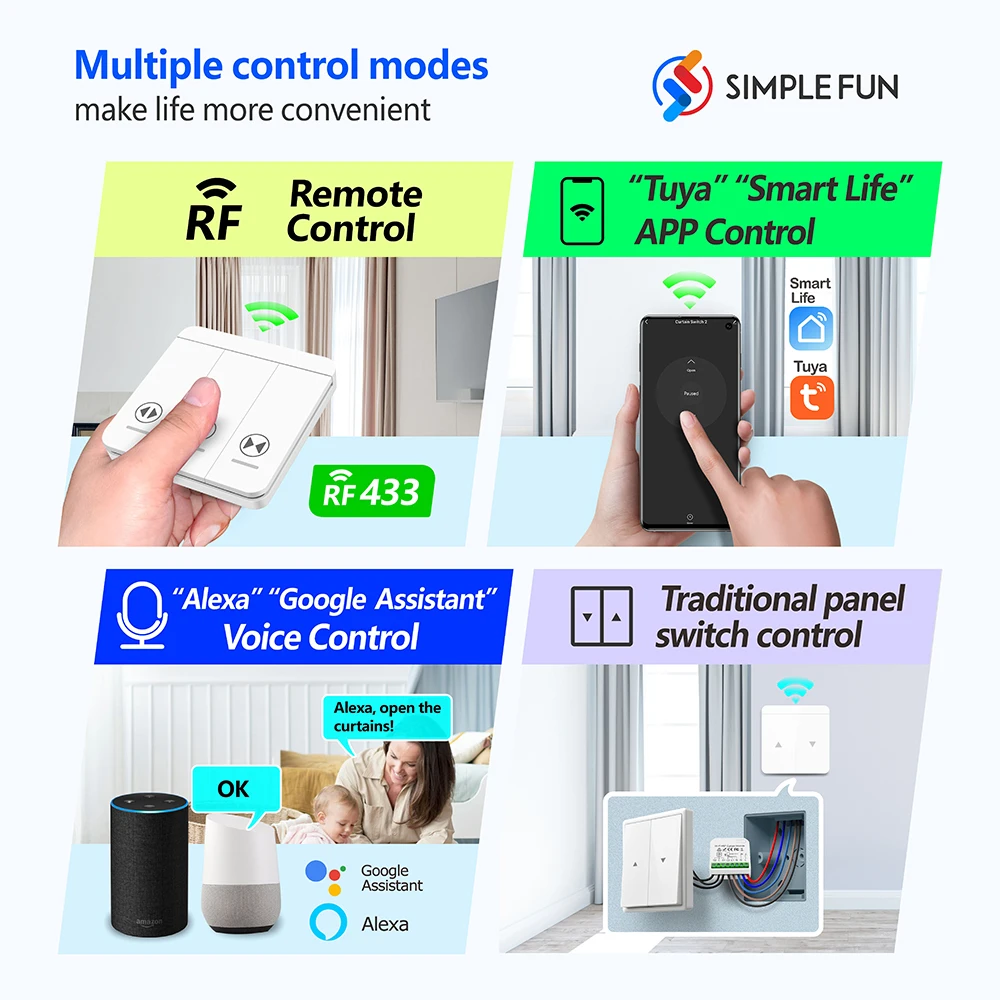 WiFi and RF Smart Curtain Switch Wireless Wall Panel Switch Tuya Smart Life Module for Roller Shutter Blinds Garage,Timer,Alexa