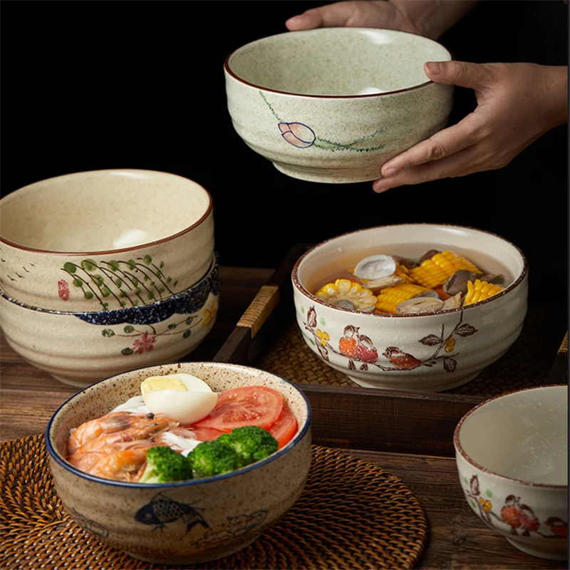 

6-дюймовая керамическая миска для рамэна в японском стиле, бытовая миска для супа с лапшой быстрого приготовления, большая кухонная миска для риса, красивая китайская посуда