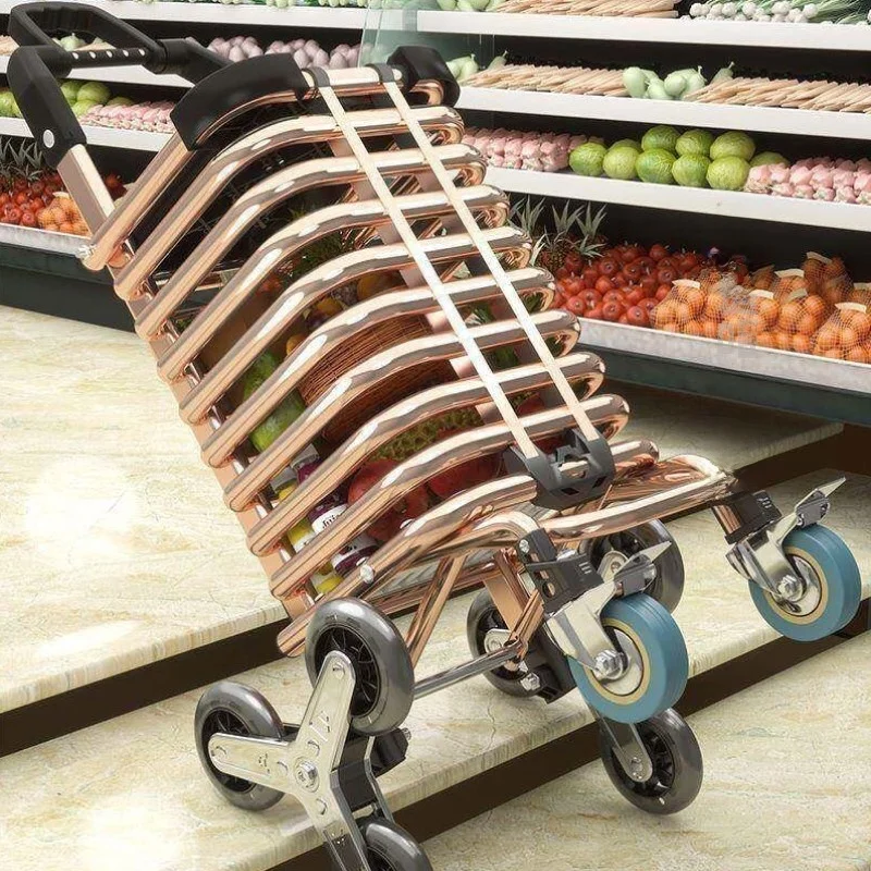 ポータブル軽量ステンレス製ショッピングカート耐久性のある野菜バスケット階段昇降プルロッド付き野菜ショッピングカートを購入