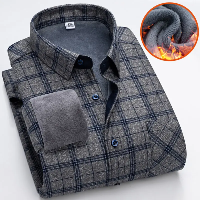 

2025 Новая деловая толстая и удобная мужская повседневная клетчатая рубашка для зимы среднего возраста с квадратным воротником и длинными рукавами