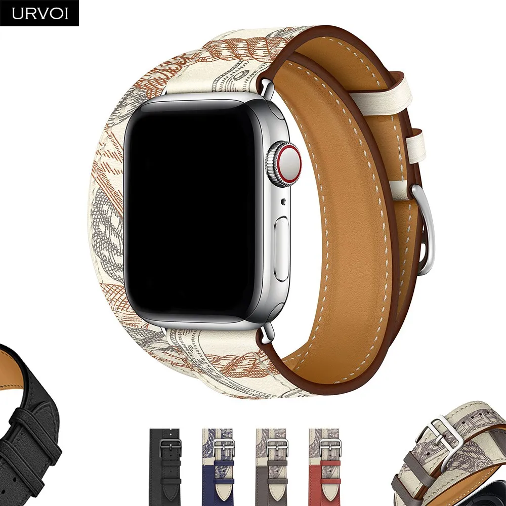 URVOI bedrucktes Double-Tour-Armband für Apple Watch Ultra 3 2 Series 11 10 9 8 7 SE3, Lederarmband, extra langer Gürtel, 42, 45, 46 mm