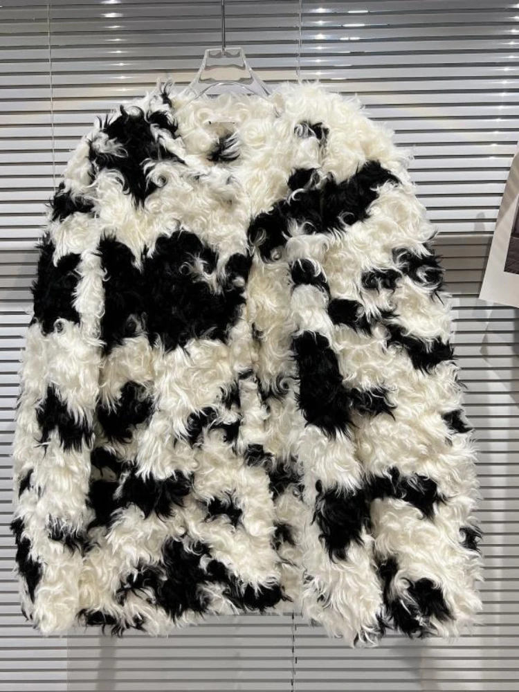 Winter Cow Pattern Curly Coat for Women Imitation Fur Women's Clothing Plush Winter Thick Warm Fur Long Sleeve Fashion Tops 1Pc