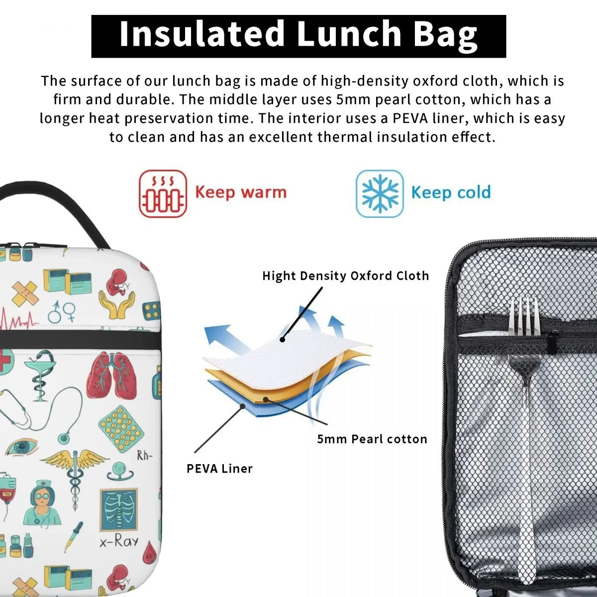 Kleurrijke handgetekende geneeskunde verpleegster patroon geïsoleerde lunchtas lunchcontainer koeltas lunchbox draagtas werk picknick Bento-zakje