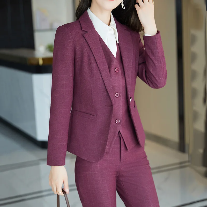 Lenshin 4 Piece Plaid Set Office Ladies Blazer Vest Pant Skirt Suit Uniform Designs Women Business Suits for work Formal Wear