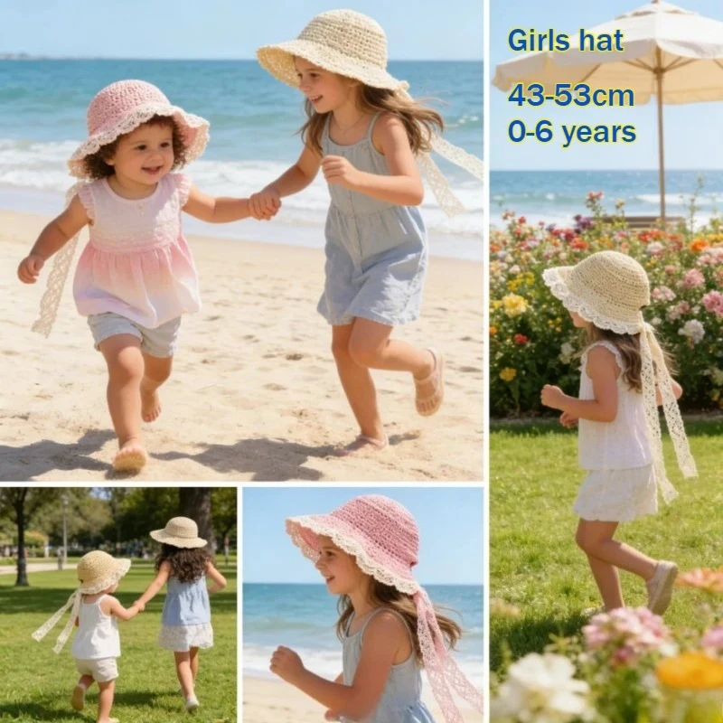 

Baby Girl Cap 43-53cm 0-6 Years Children Panama Hat Lace Baby Hat Summer Straw Bow Beach Baby Sun Hats and Caps for Kids 1PC
