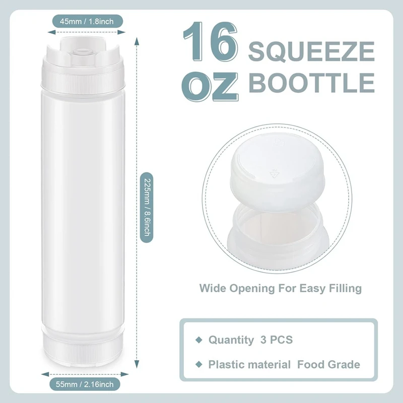 ABAE-6 Stück 16 Oz umgekehrte Kunststoff-Quetschflaschen, nachfüllbare Spitze, großer Ventilspender, Gewürz-Quetschflasche für Saucen