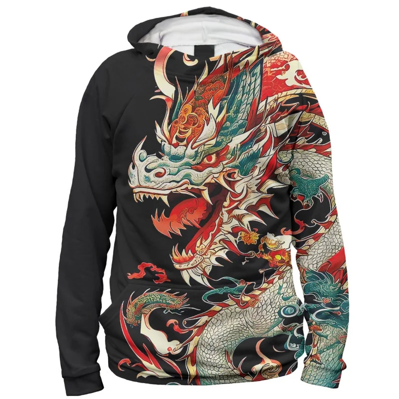 ثلاثية الأبعاد مطبوعة كول الوشم هوديي للرجال التنين الصيني نمط البلوز الخريف بلايز عادية فضفاض البلوفرات طويلة الأكمام هوديس