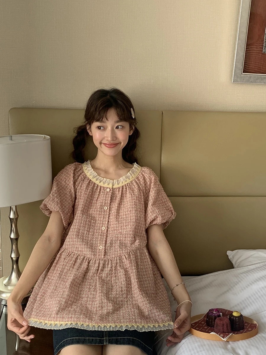 

Pink Plaid Texture Sensation irt Girls Loose Fit Bubble Sve round Ne Button down ort Sve Polyester Blend Faion