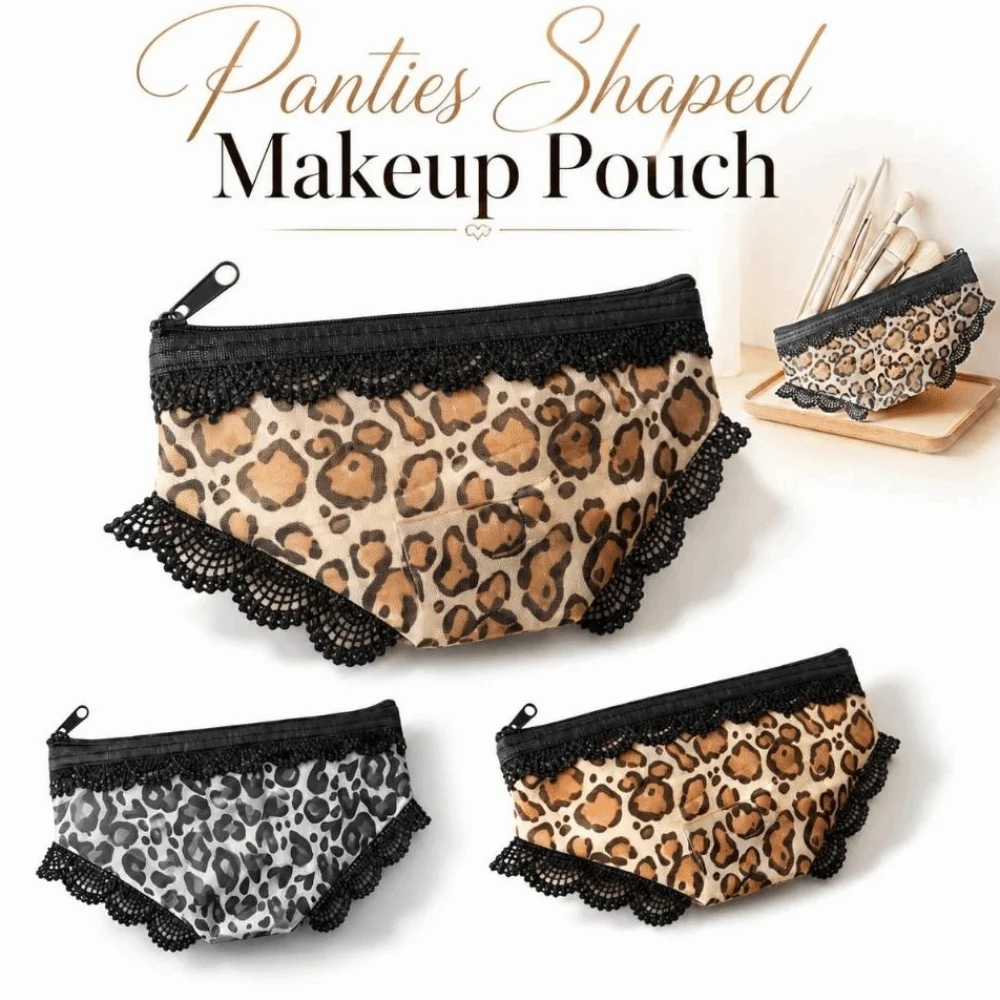 Leopard Print Panties Shaped Makeup Pouch Lace Trimmed Portable Mesh Cosmetic Bag Transparent Zippered Storage Pouch Daily Use
