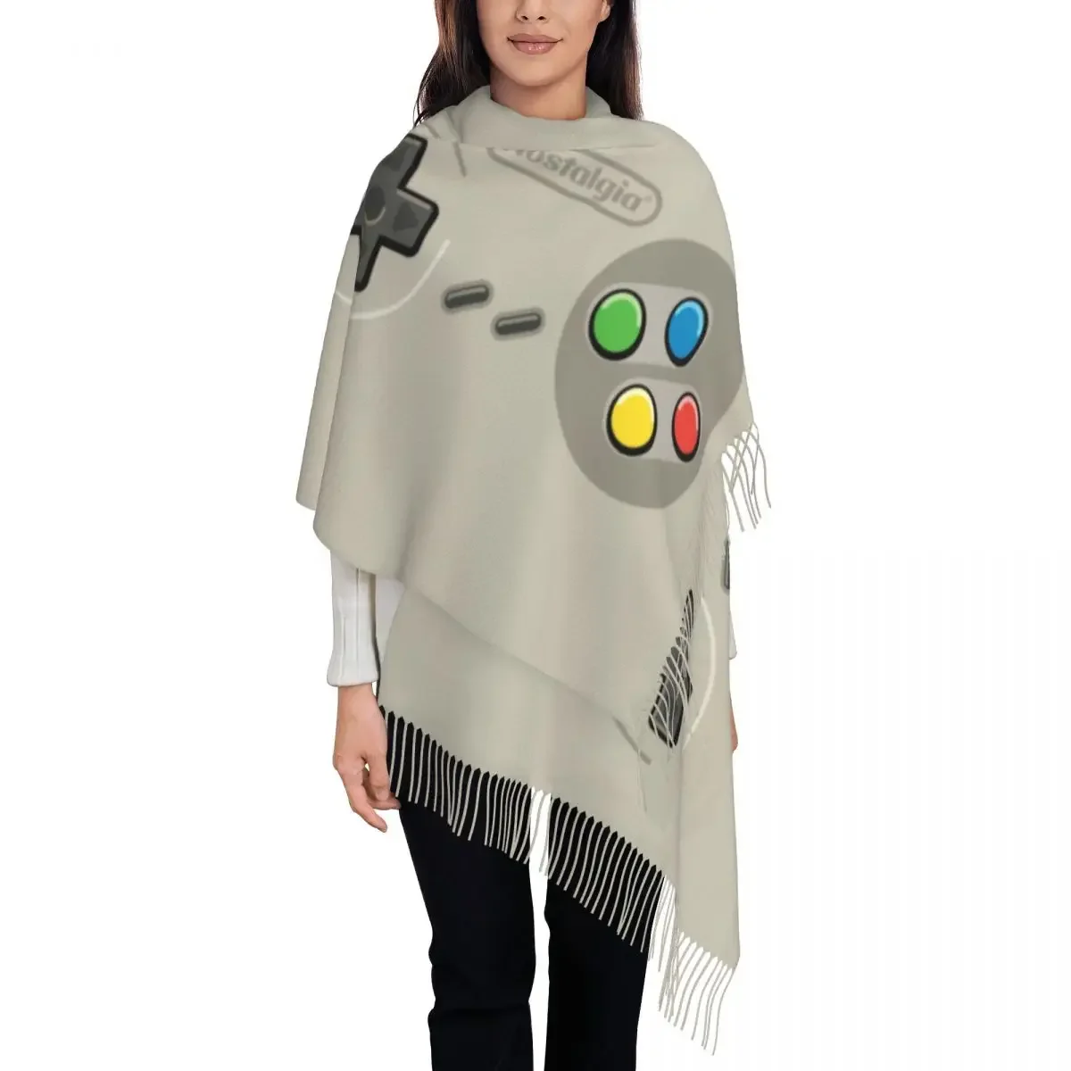 Retro Video Game Turbo Controller Scarf Wrap Women Long Winter Fall Warm Tassel Shawl Unisex Gamer Lover Scarves