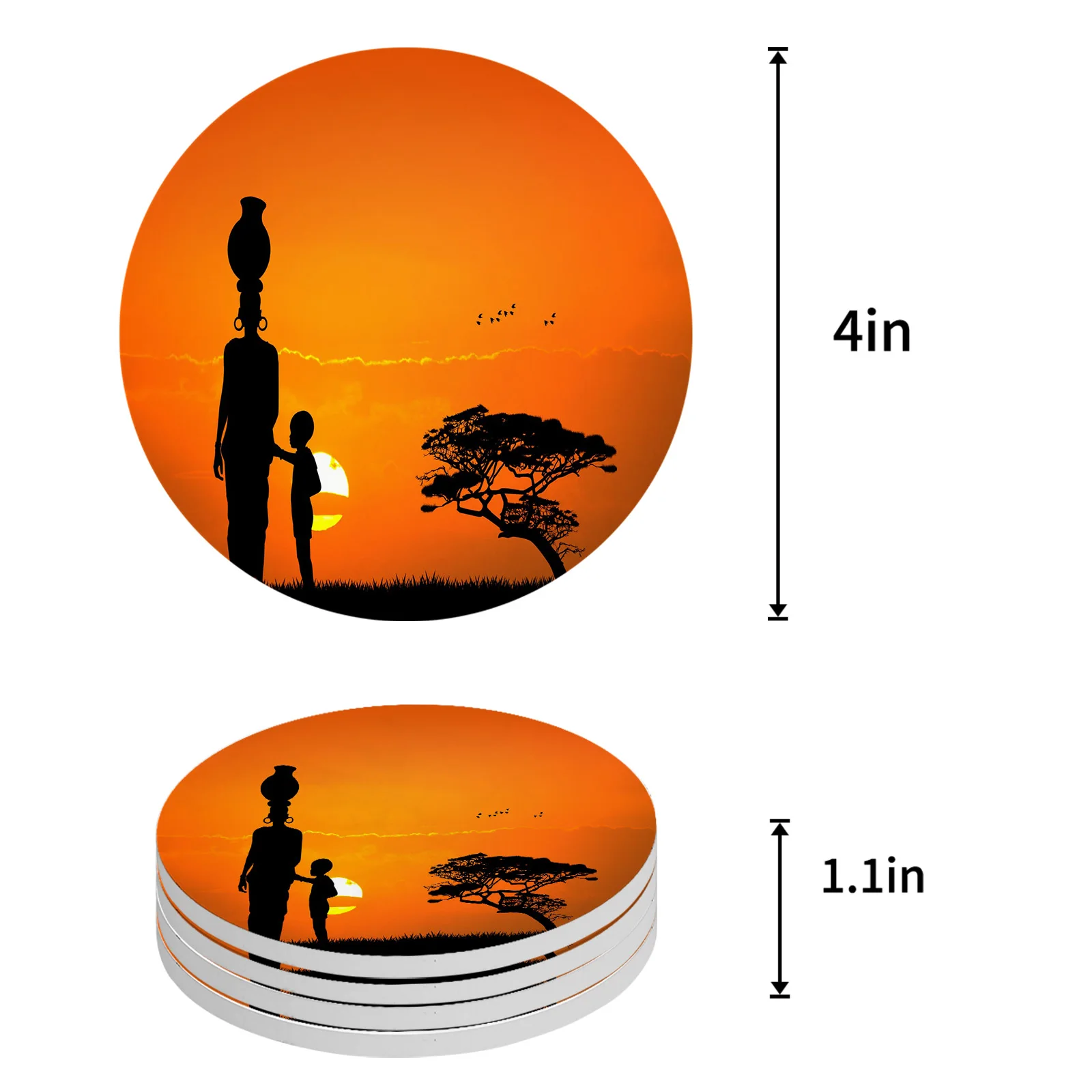 Ethnic Sunset African Woman Tree Silhouettes Ceramic Coaster Set Coffee Tea Cup Coasters Kitchen Accessories Round Placemat