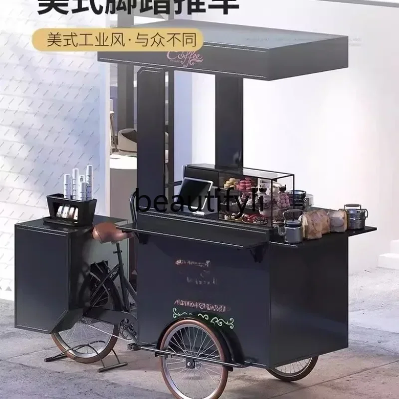 56 Snack Cart Stall Night Market Tricycle Reverse Riding Donkey Trendy Shop Decorative Flower  Mobile Coffee Barista Milk Tea