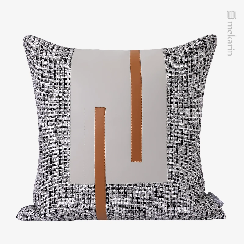 

Modern light luxury model room orange gray leather stitching cotton jacquard pillow sofa pillow living room square pillow