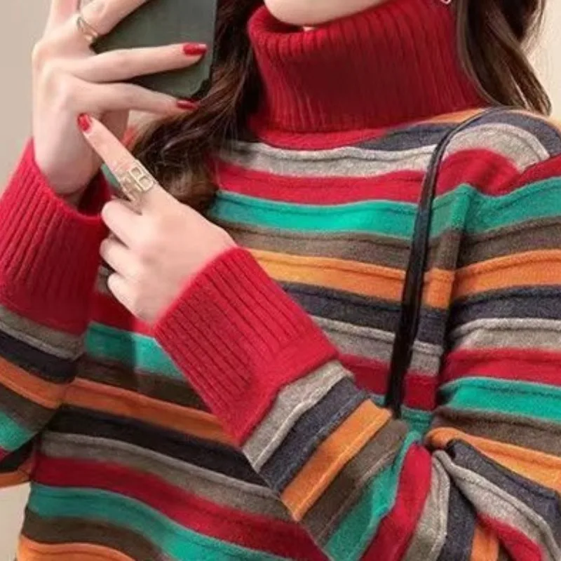 Women's Autumn Winter Fashion High Neck Pullover Rainbow Stripe Casual Versatile Long Sleeve Loose Medium Length Sweater Tops