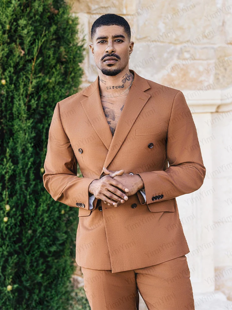 Costumes pour hommes marron 2 pièces revers cranté Double boutonnage robes de soirée costume pour hommes mariage marié bal Blazer personnalisé