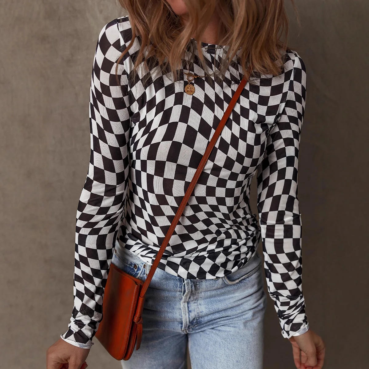 

Women Polo Shirts Tops Print Tees Blouses Plaid Round Neck Long Sleeves Slight Strech Slim Fit Casual Office 2026 Spring Autumn