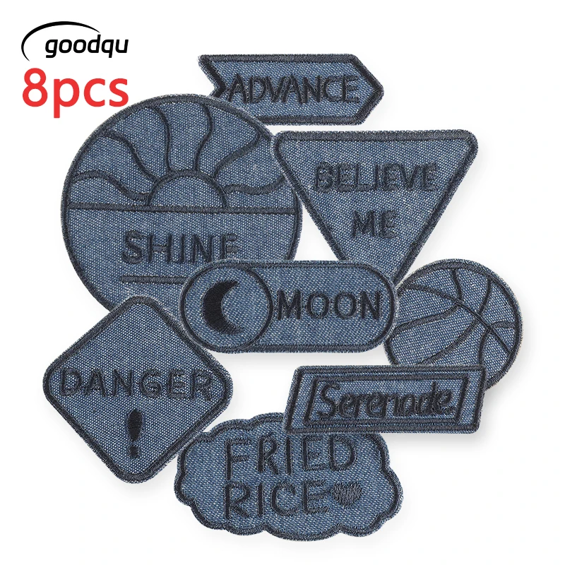 8pcs Self Adhesive Denim Repair Iron On Patches Letter Embroidered Patch For Sew Clothing Jacket Stickers Diy Blue Applique Lot