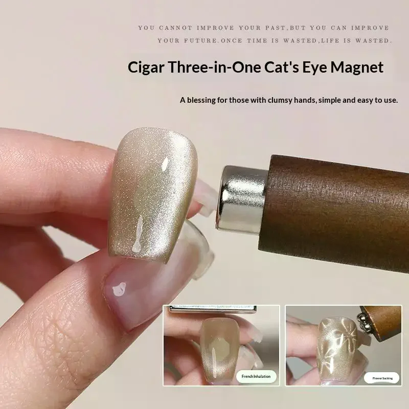 3-in-1 Cat Eye Nail Magnet Wand Wooden Handle Magnetic Stick For Gel Nail Art Strong Magnet Cat Eye Effect Manicure Tool