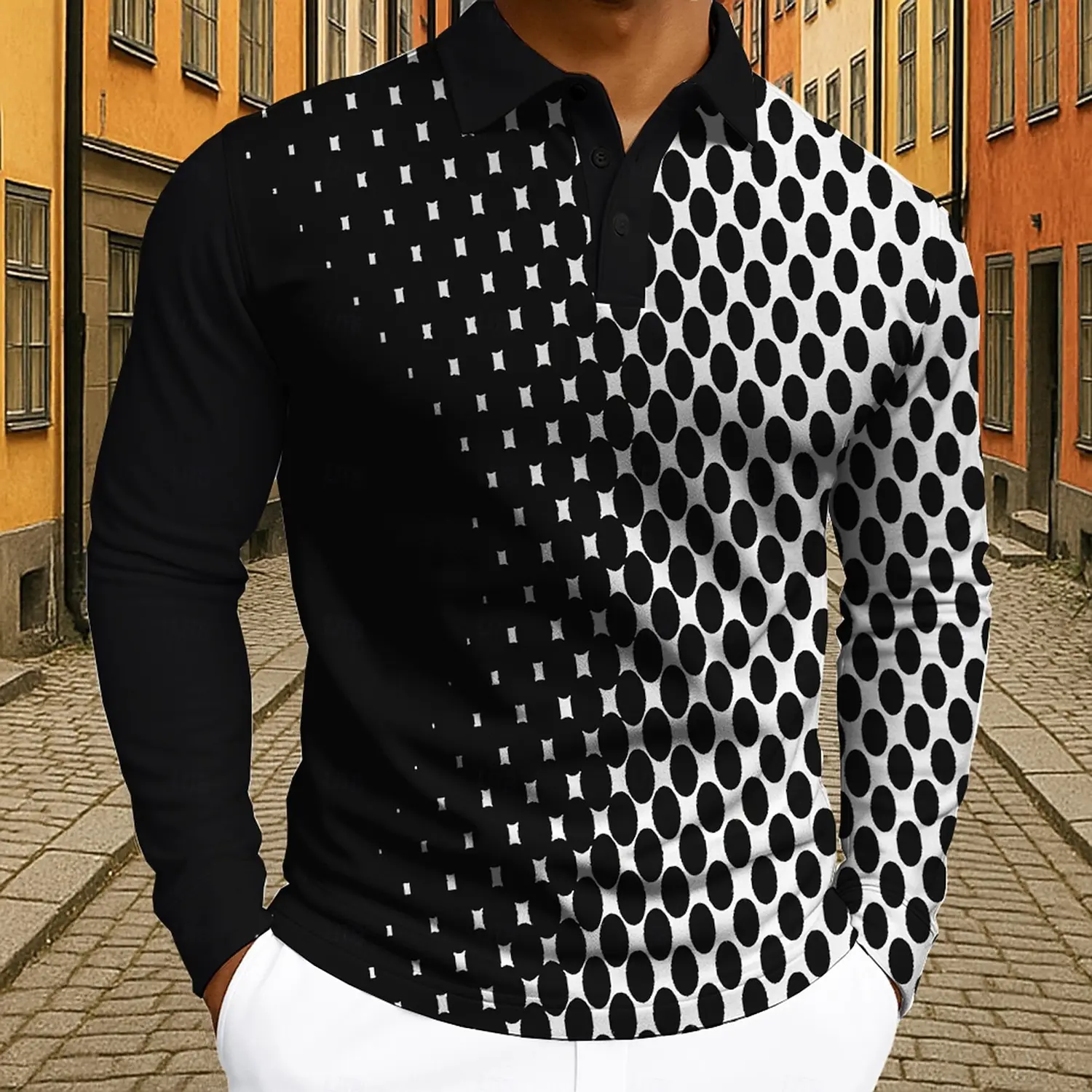 2025 Fall Men's Geometic Print Business Polo Long Sleeve Polo Shirts Athleisure Daily Wear 3D Prints Breathable Buttons Tops