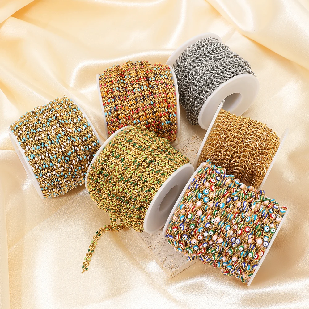 1 Meter Stainless Steel Leaf Shape Enamel Chains Gold Plated Chains for DIY Boho Jewelry Making Bracelet Necklace Material Bulk