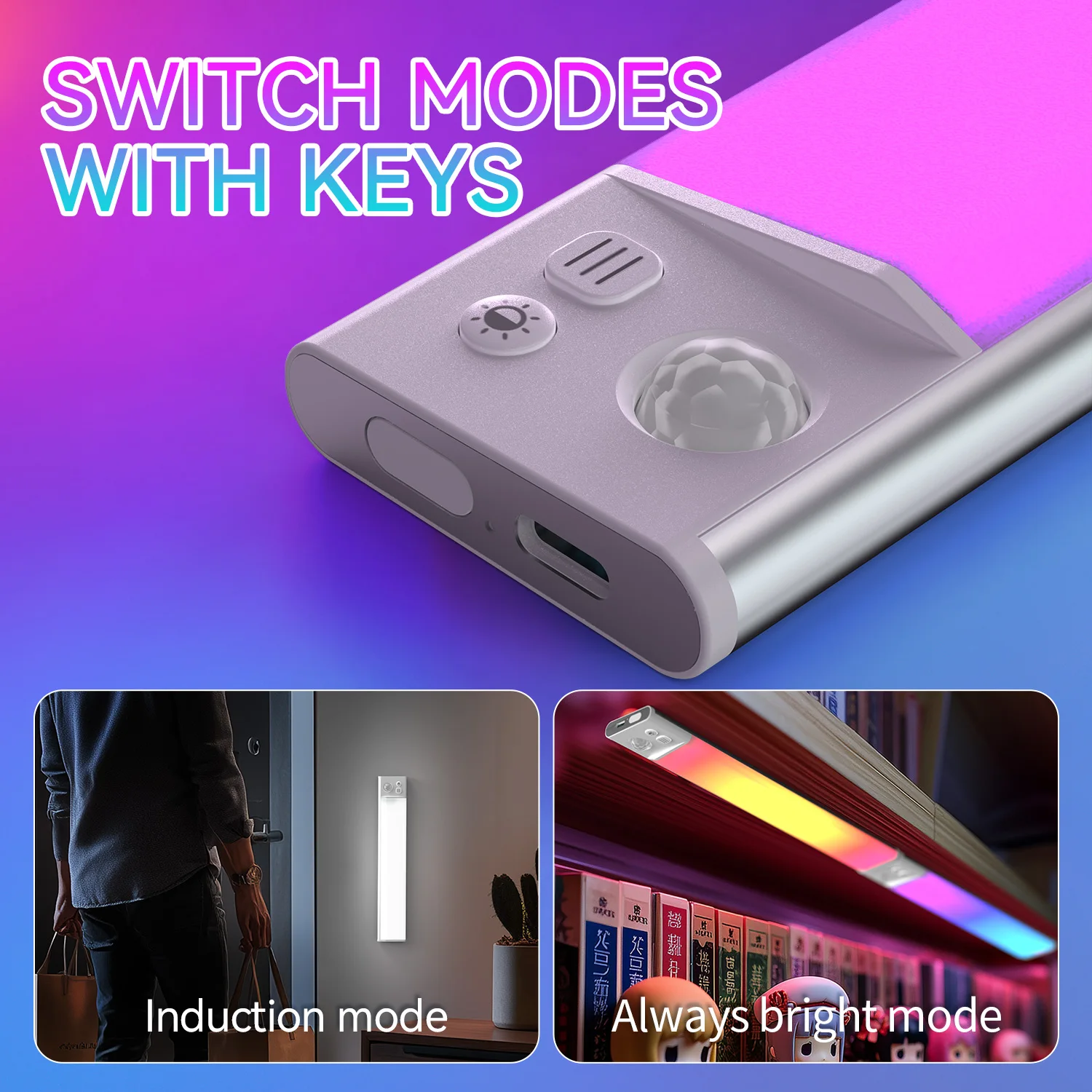 RGB Under Cabinet Lighting LED Motion Sensor Light USB Closet Lights, Dimmable & 5 Streamer Lighting Effects Under Counter Light