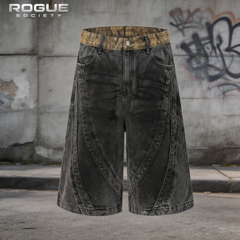 

Baggy Washed Denim Shorts Men Camouflage Waistband Deconstructed Streetwear Y2k Harajuku Summer Male Jeans American Retro Unisex