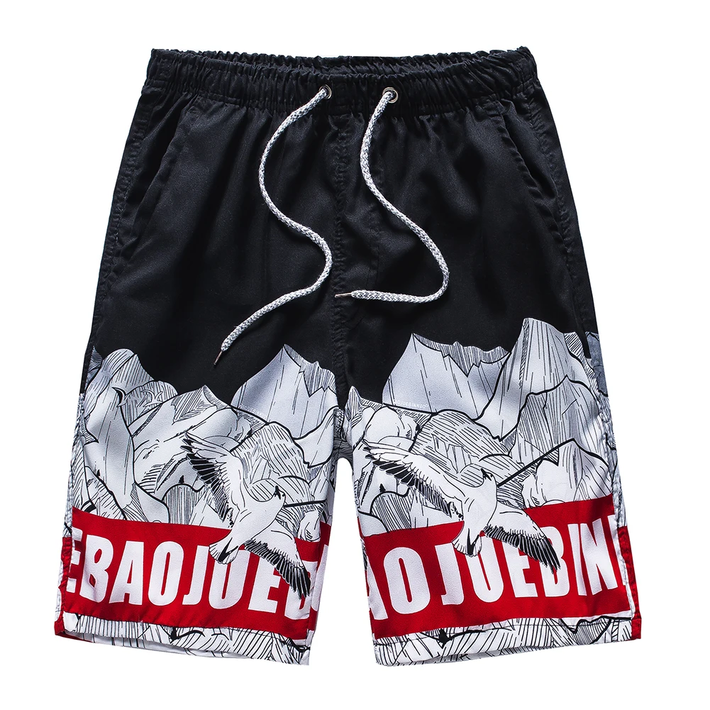 Men Beach Shorts Quick-dry Words Printing Pattern Loose Casual Oversize Boxer Shorts