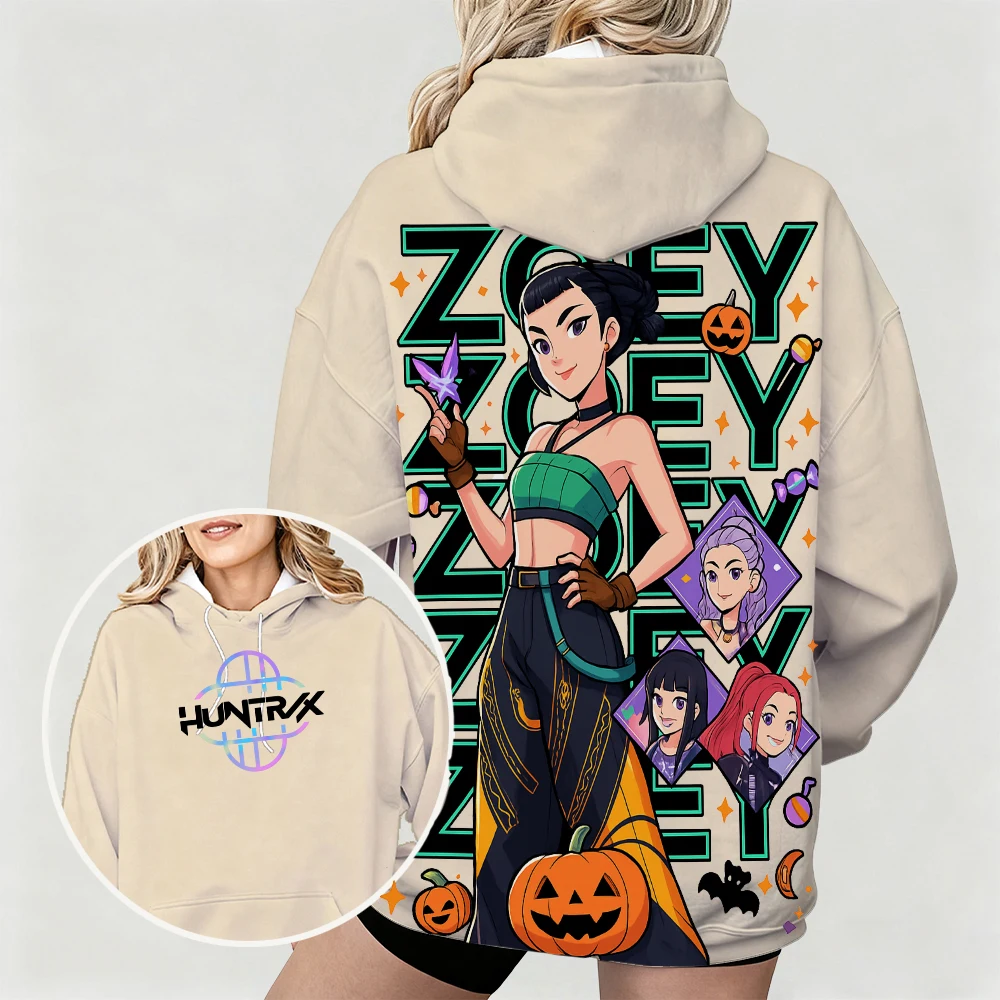 Sudadera con capucha para mujer con estampado de dibujos animados de KPop Demon Hunters Zoey, perfecta para estilo callejero, con diseño moderno temático de Halloween