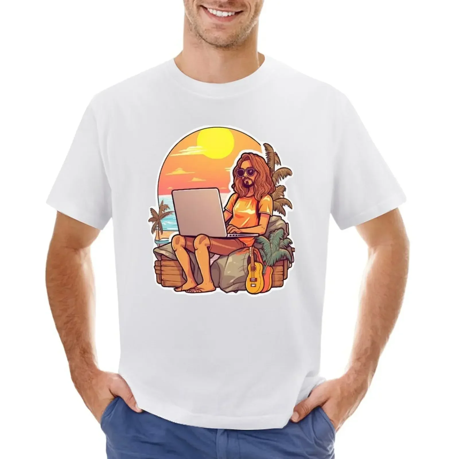 Digital nomad works on his laptop while relaxing on the beach T-shirt graphics Blouse summer tops t shirts for men pack