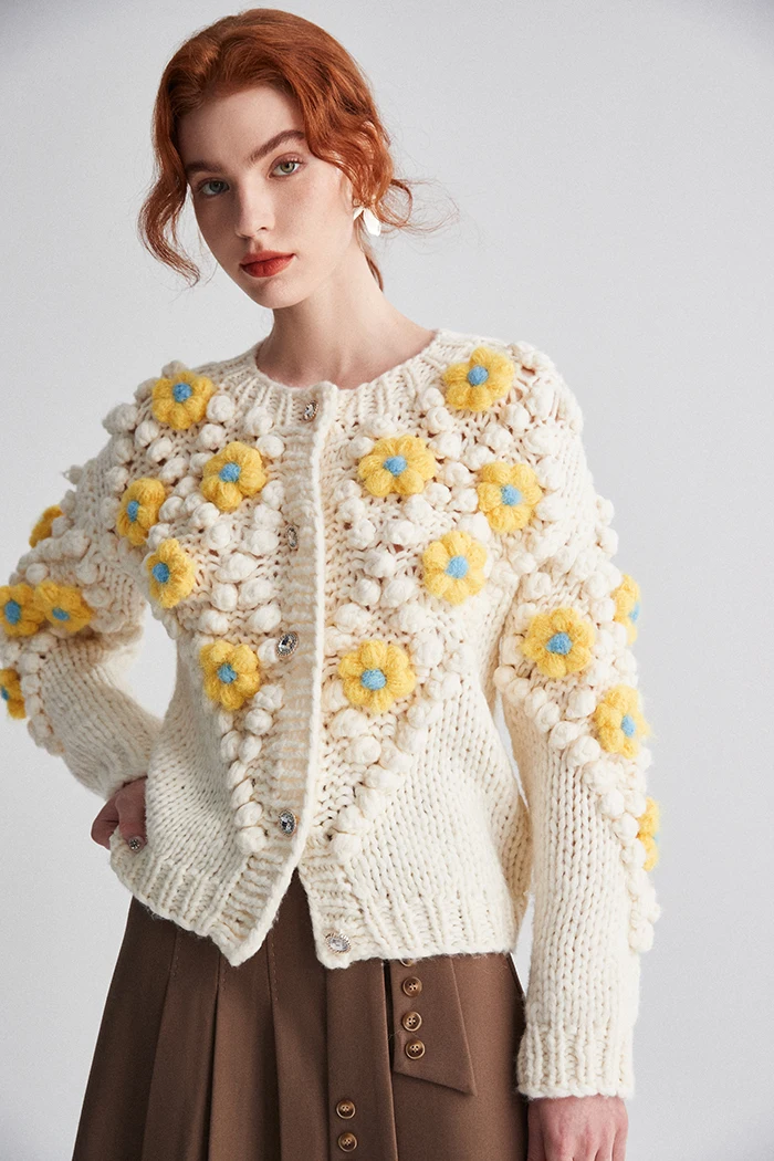 TEELYNN Handmade Crochet Flower Sweater Women Cardigan Vintage Long Sleeve Knitted Autumn Winter Coat Sweaters Boho Outwear 2023