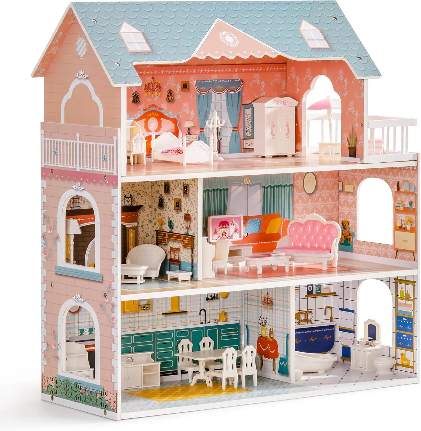 

Wooden Dollhouse for Kids Girls, Toy Gift for 3 4 5 6 Years Old, with Furniture