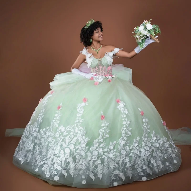 

Light Green Quinceanera Dress off-shoulder Glitter 3D Flower Lace Decal Long tail vestidos de 15 Quinceanera ﻿Customize