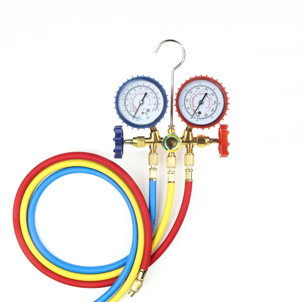 Air Conditioning Pressure Gauge with Hose and Hook 3 Way AC Diagnostic Manifold Gauge Set for Freon For R12 R22 R404A R134a