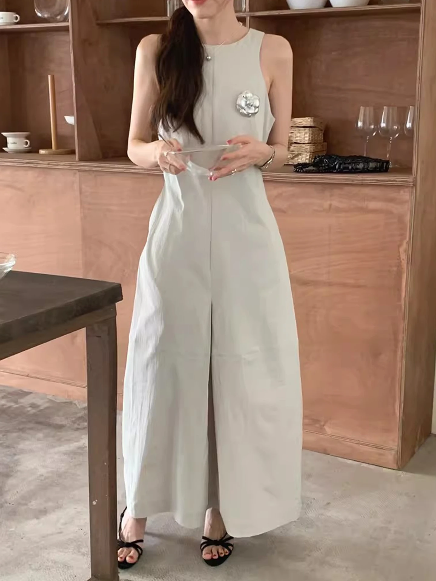 

Однотонное женское платье без рукавов с завышенной талией, летнее, новое, с 3D-цветами, длинное платье-жилет, корейский стиль, прямое платье-труба