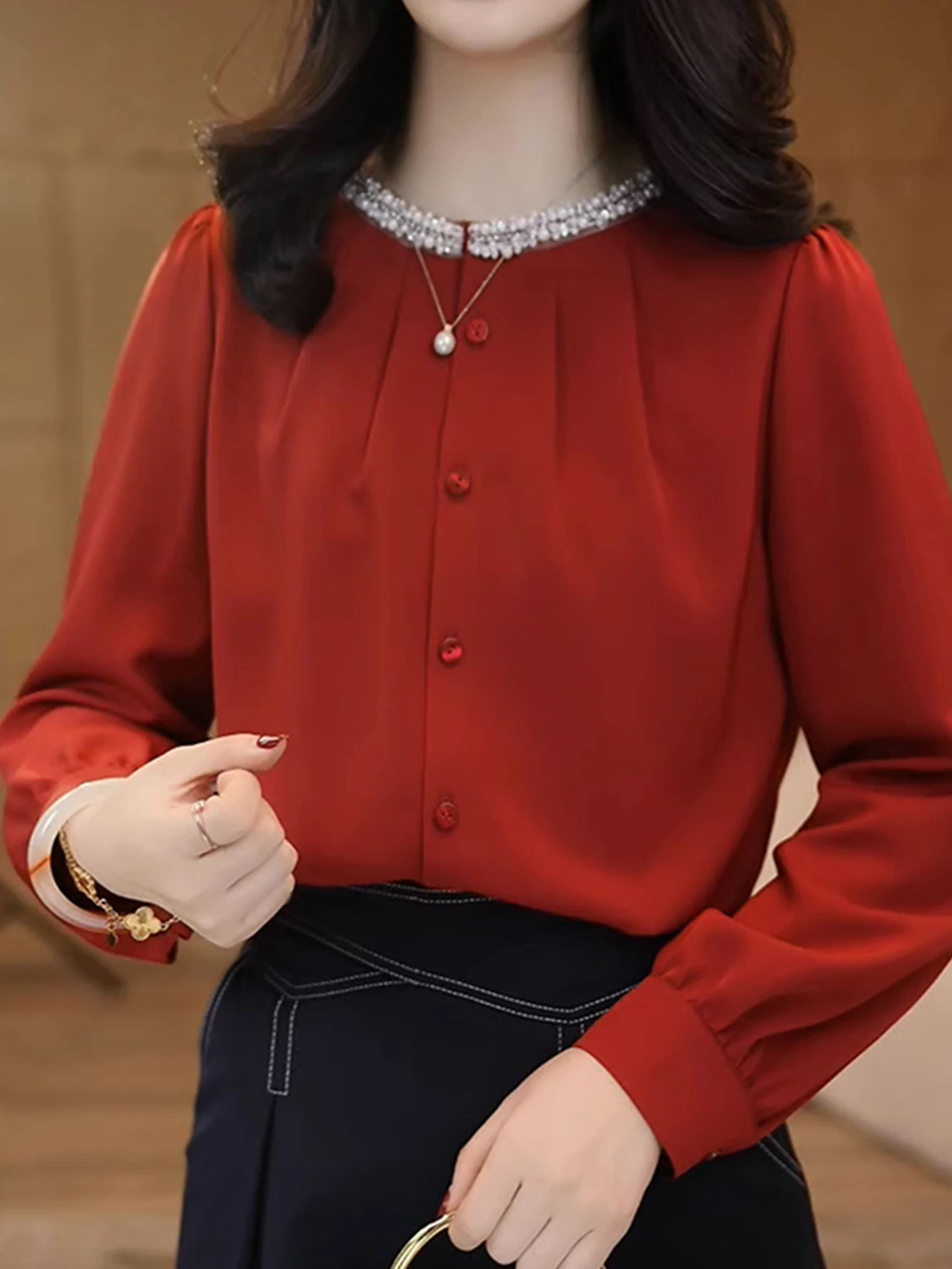 خريف Faion فريد من نوعه مستدير Ne Long Sve للنساء irt كاجوال Sle للتنحيف ودية للتنحيف مادة حريرية مريحة #5