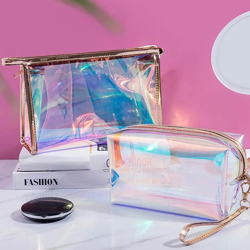 PVC Waterproof Transparent Cosmetic Bag Toiletry Makeup Bag Organizer Female Girls Laser Color Zipper Wash Make Up Beauty Case