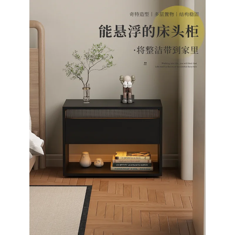 Black bedside table Light luxury high-end sense Suspendable bedside table Shelf with drawers Storage cabinet Locker side cabinet