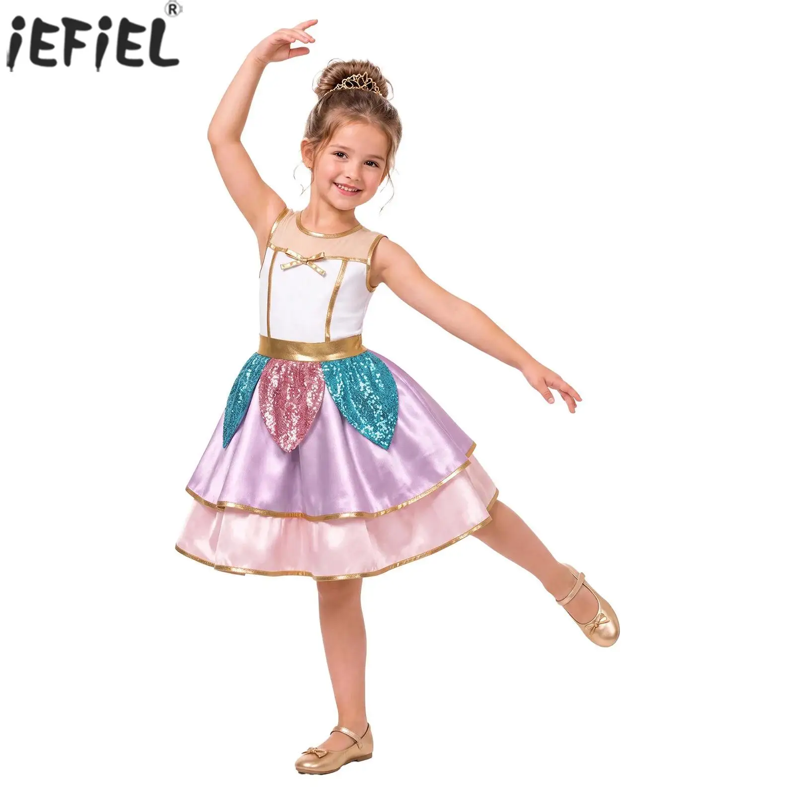 Kids Girls Halloween Characters Cosplay Costume Sleeveless Mesh Metallic Trim Color-blocked Sequin Peplum Satin Princess Dress