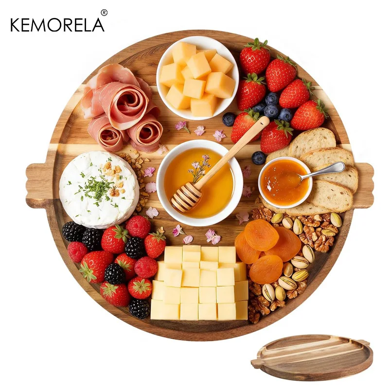 1/2PCS Acacia Wood Charcuterie Board Featuring Handles - Circular Serving Tray for Cheese Fruit Meats & Snacks For Restaurants