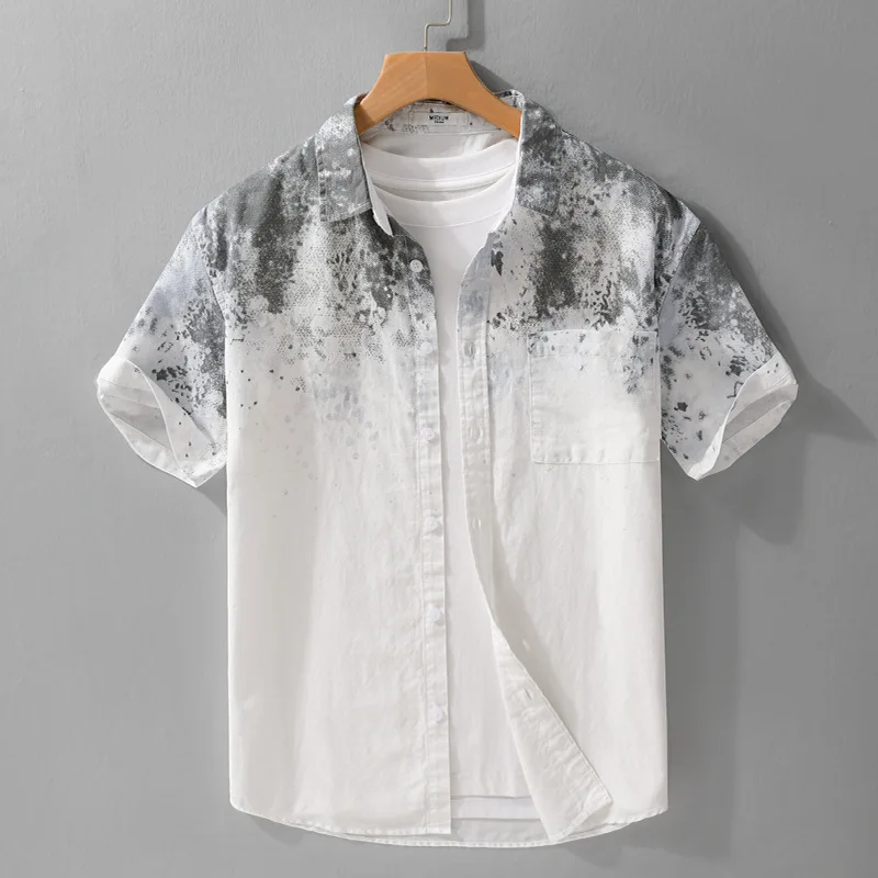 Summer men's hanging dye short sleeved shirt with comfortable texture, breathable, contrasting color, trendy casual shirt