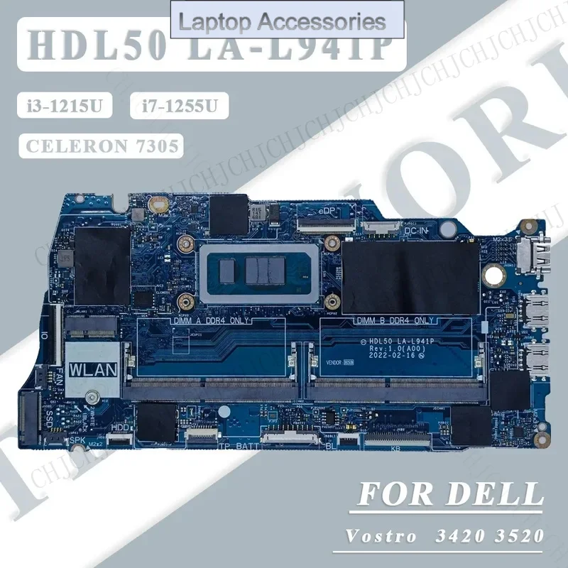 

F Материнская плата для ноутбука Dell Vostro 3420 3520 с процессором i3/i7-12th Celeron 7305 CN-0WRFR9 0C1MRJ, материнская плата HDL50 LA-L941P